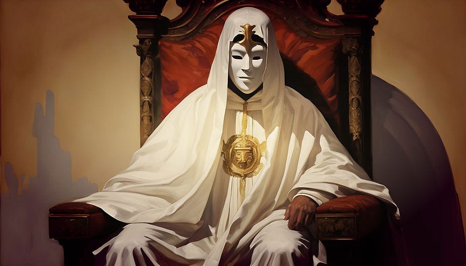 A masked figure sits on a throne, dressed all in white.