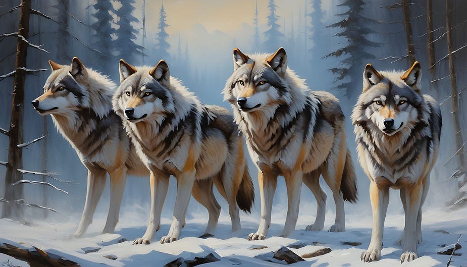 Four wolves in a snowy environment, looking towards the viewer.