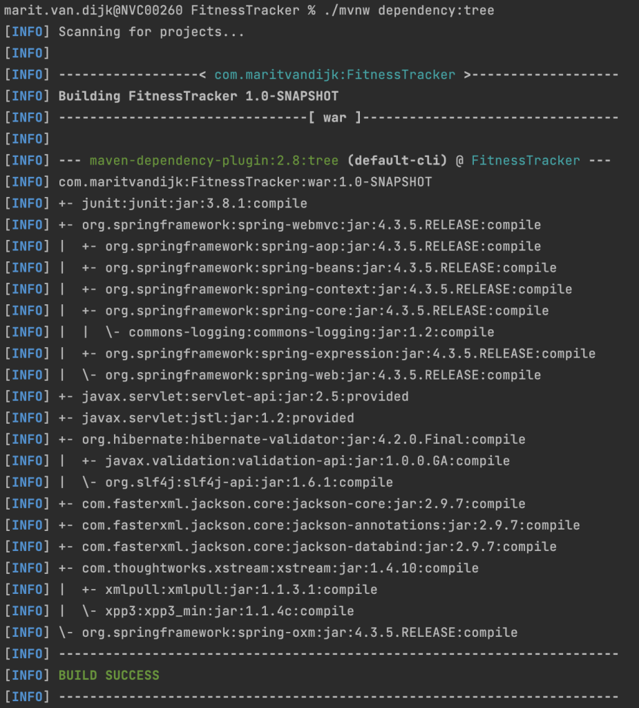 Command line showing the command `./mvnw dependency:tree`and the resulting dependency tree for a project