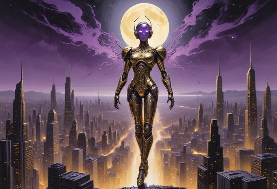 Golden and purple cyborg angelic figure floats above a dark city, in front of the moon.