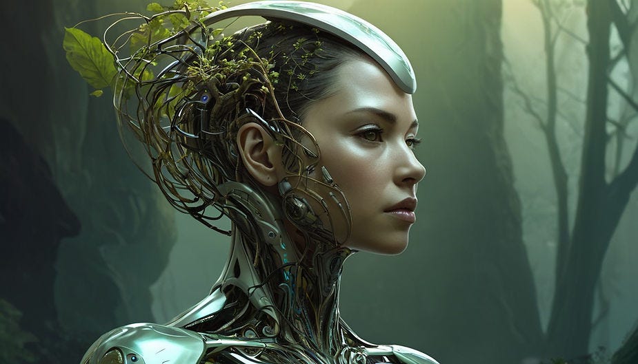 A woman’s face on a mechanical neck and shoulders, with plants growing out of her mechanical parts.