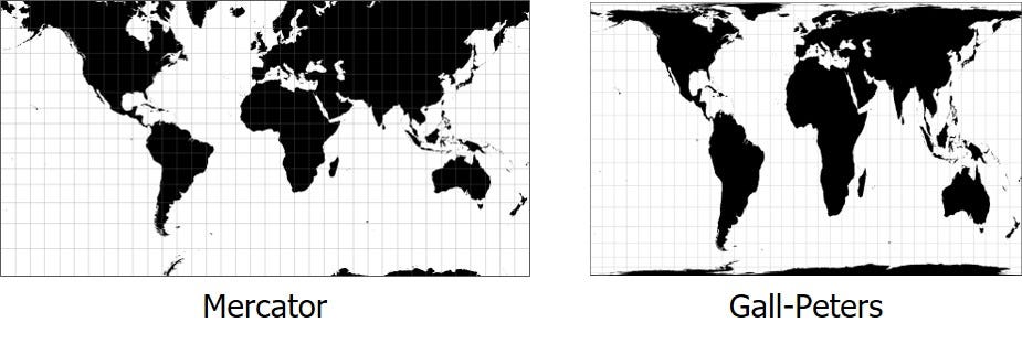 Two world maps, one using the Mercator projection and the other using the Gall-Peters projection.