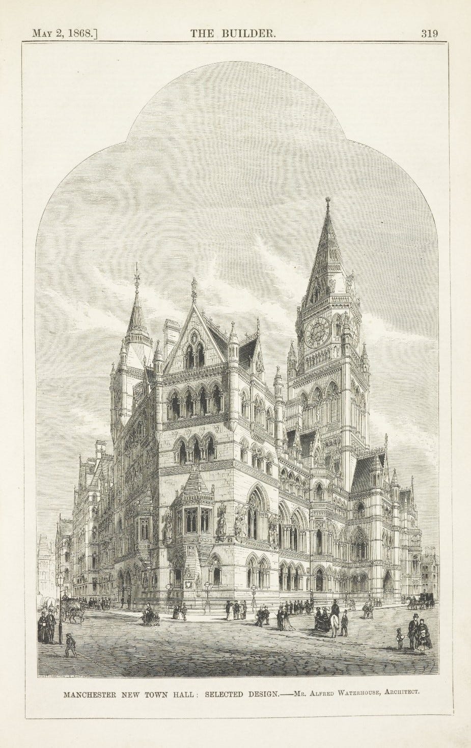 Artist’s impression of exterior of Manchester’s proposed new Town Hall. Neo-Gothic style: tall arched windows, clock tower.