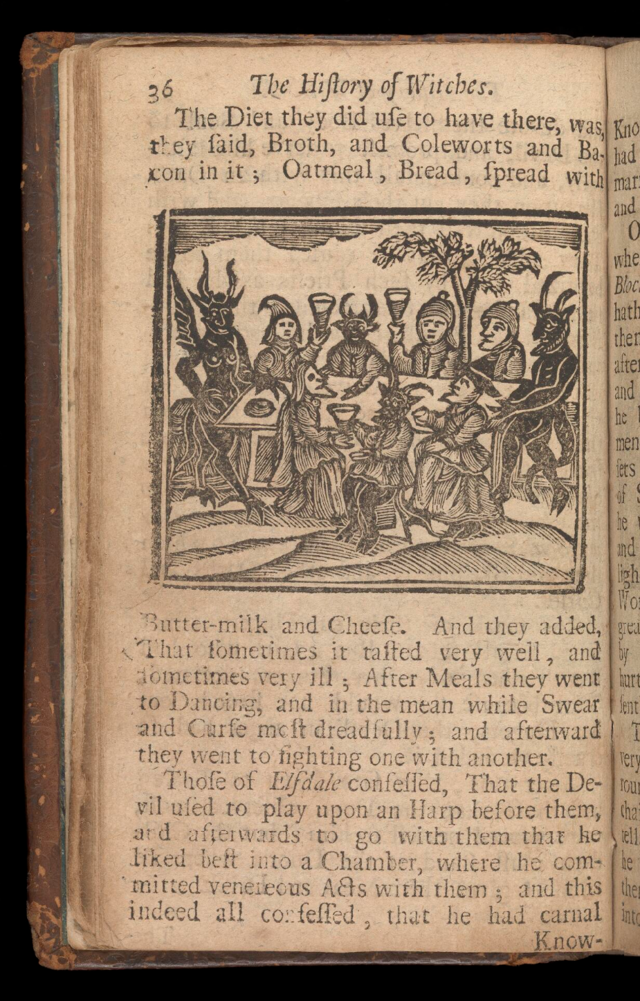 A page from “A History of Witches”. A woodcut illustration shows witches and devils eating and drinking together around a table.