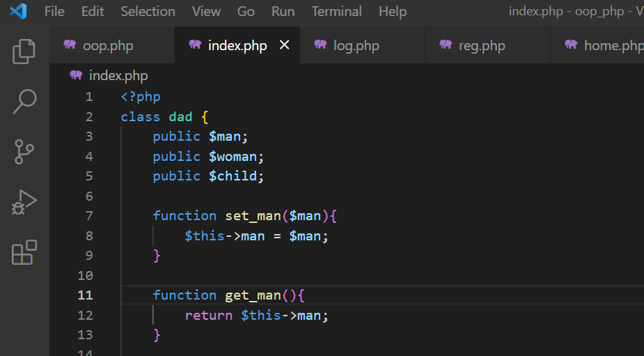 i declare a class named dad consisting of three properties ($man, $woman and $child) and two methods set_name() and get_name() for setting and getting the $name property:
