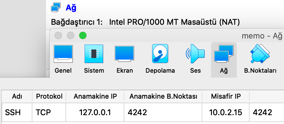 VirtualBox ekranında seçili sanal makinede Ağ tıklanıp Gelişmiş Ağ Ayarları içerisinde açılan Port Yönlendirme tablosu