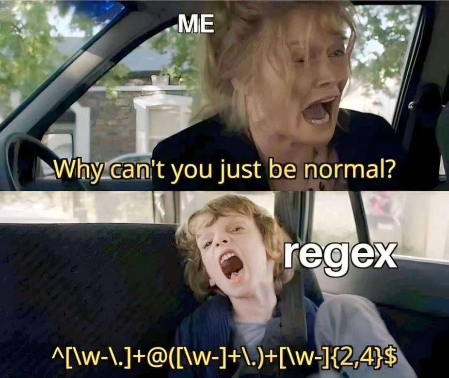 Woman screaming “Why can’t you just be normal?” and the kid screaming gibberish regex back at her with a wild look on his face
