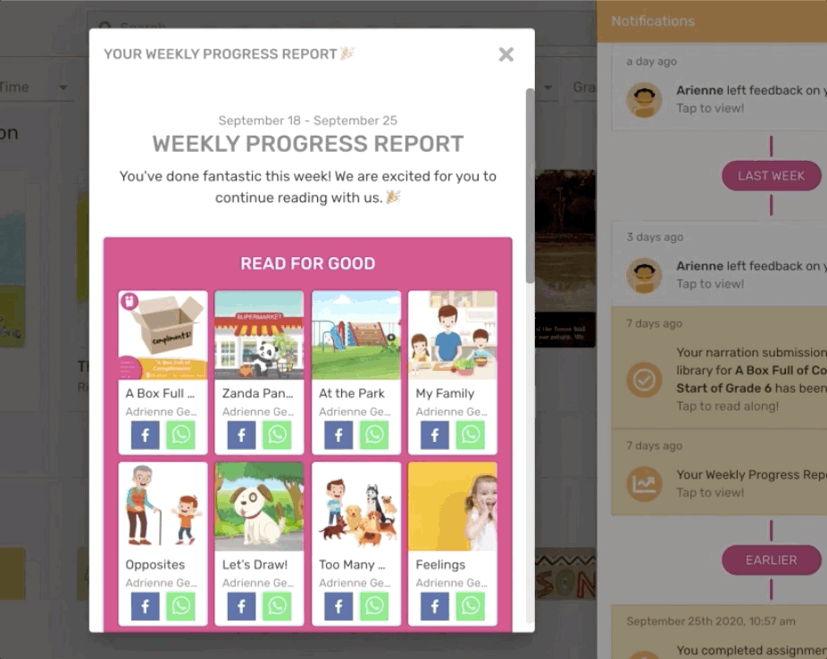 Weekly Progress Report shows impact report, and minutes read along & narrated.