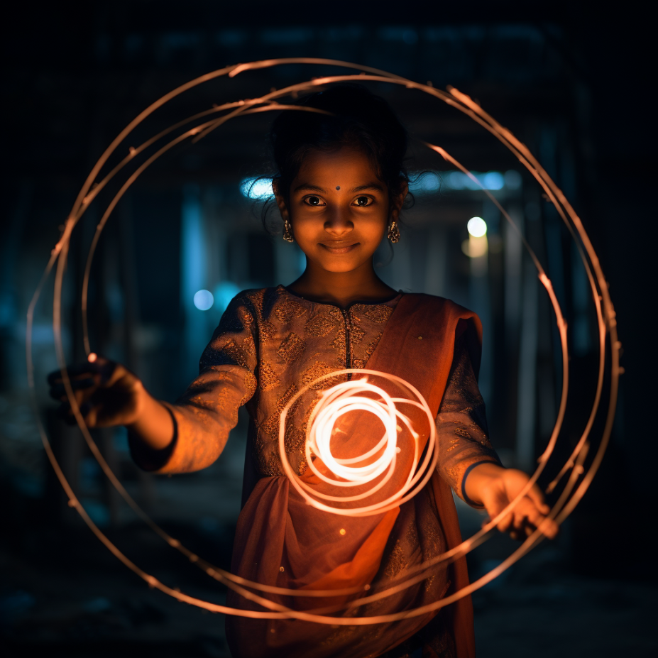 Light painting of a circle made by a young Indian girl holding a firecracker during Diwali (generated by Midjourney)