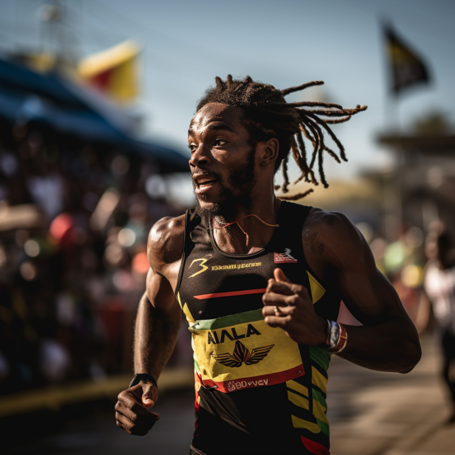 A Jamaican athlete, running a 100 m race, shot using Sony A1 camera (generated by Midjourney)
