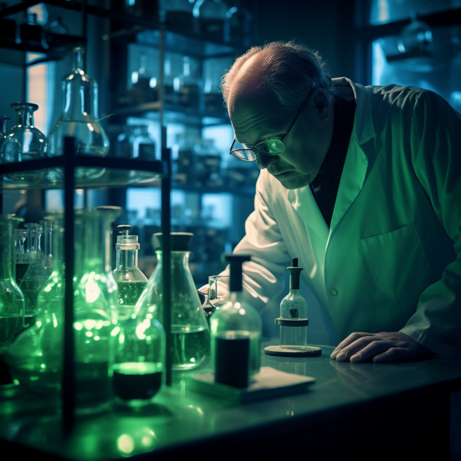 A scientist working in a chemistry lab, clicked using Night Vision camera (generated by Midjourney)