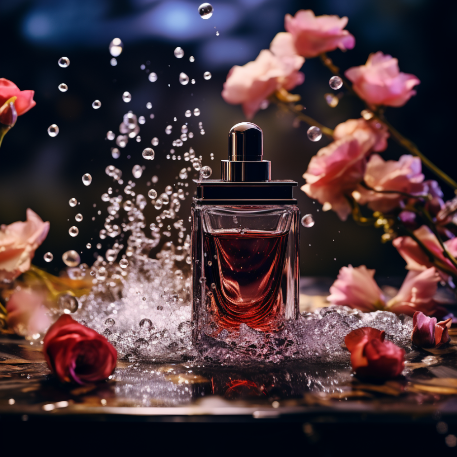 Product photography of a bottle of luxury perfume coming out of a splashing pool of liquid, with a dark floral background (generated by Midjourney)