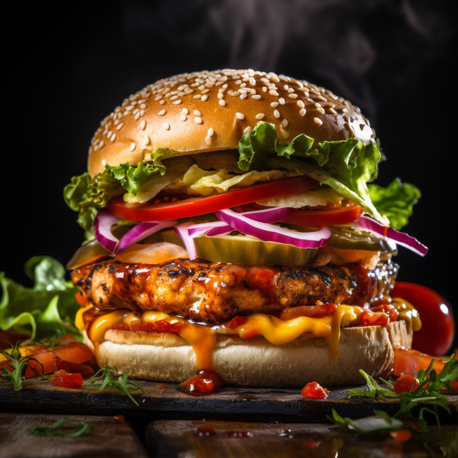 A large spicy chicken burger with extra veggies, shot using Leica M10-R camera with a polarizing lens filter (generated by Midjourney)
