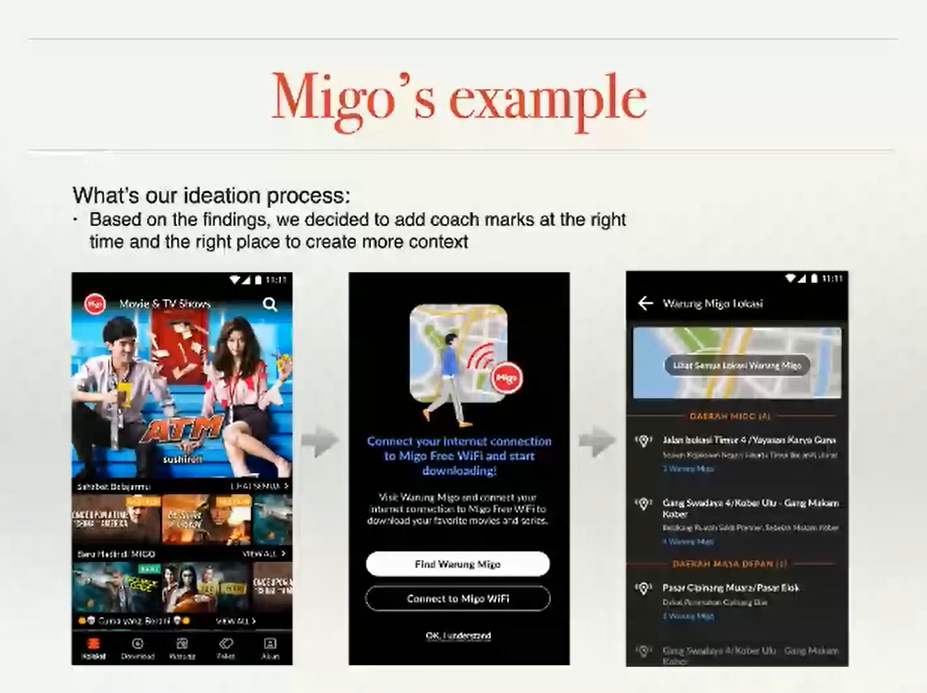 Screenshots of how the Migo team changed the app’s interface to better communicate to users the need to go to a hotspot.