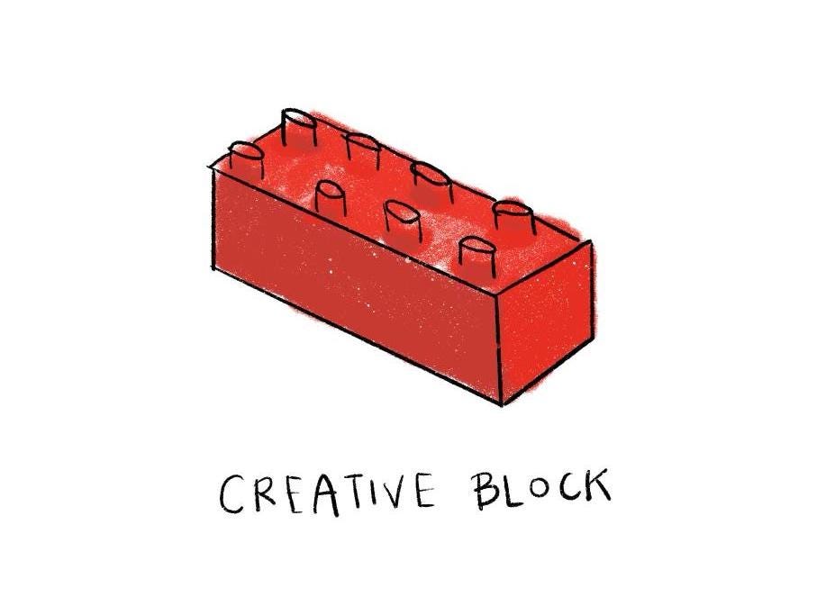 A doodle of a red coloured lego block, with the words ‘Creative Block’ under it.