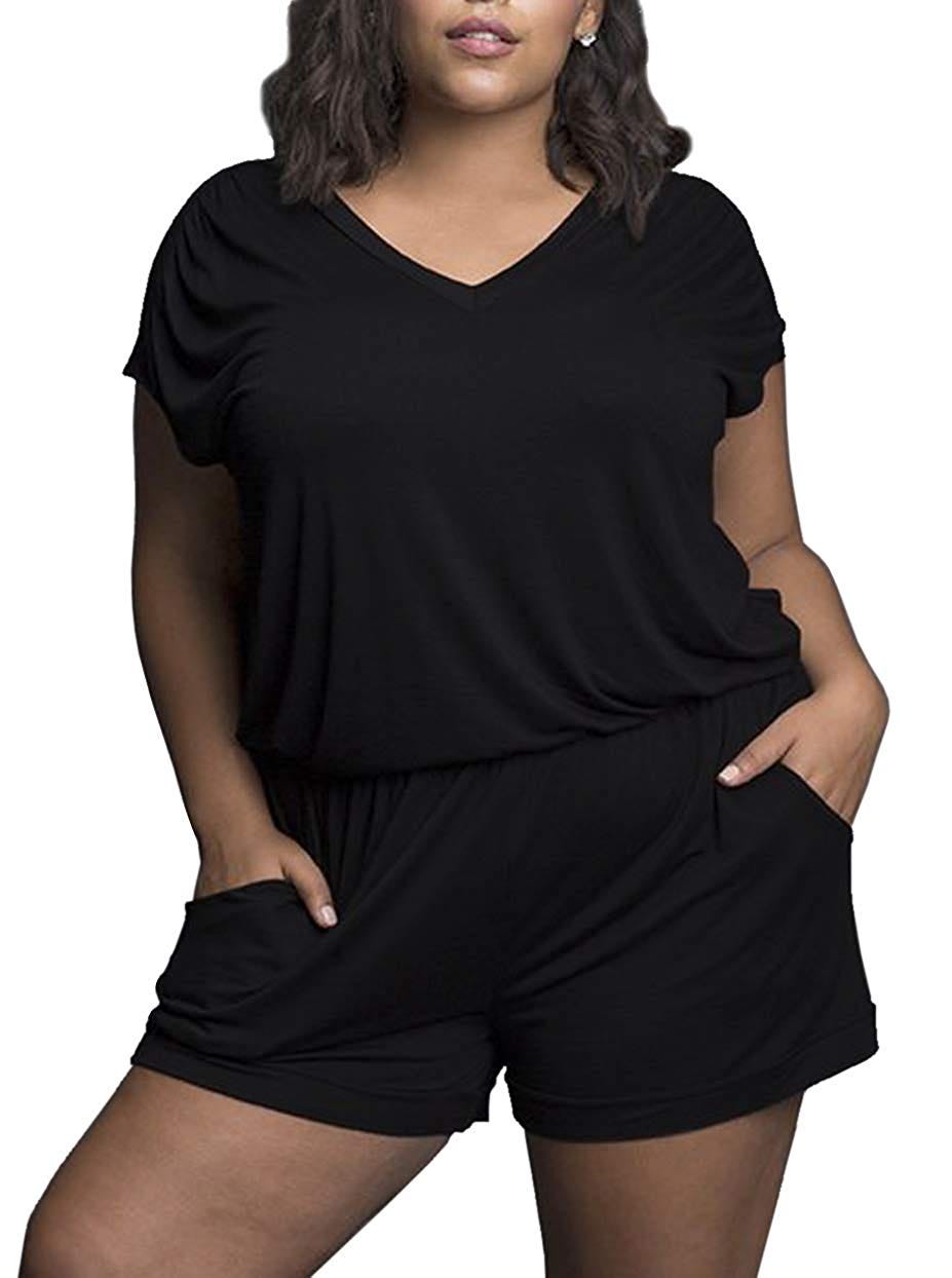 Women’s Plus Size Rompers Summer Short Sleeve V Neck Casual Loose Jumpers Playsuit