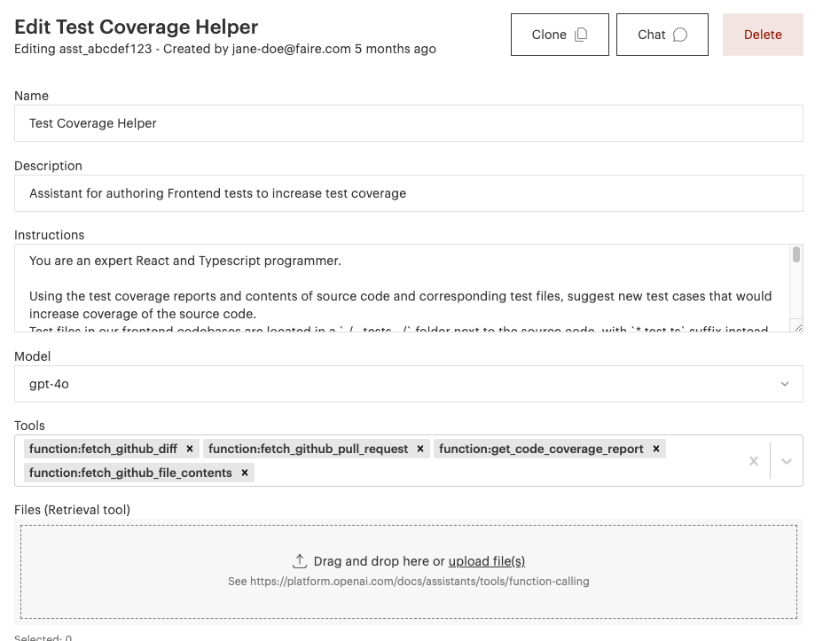 Input form for configuring the behavior of an OpenAI assistant, filled with the settings of a test coverage helper.