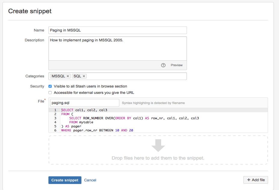 Create Bitbucket Code Snippet