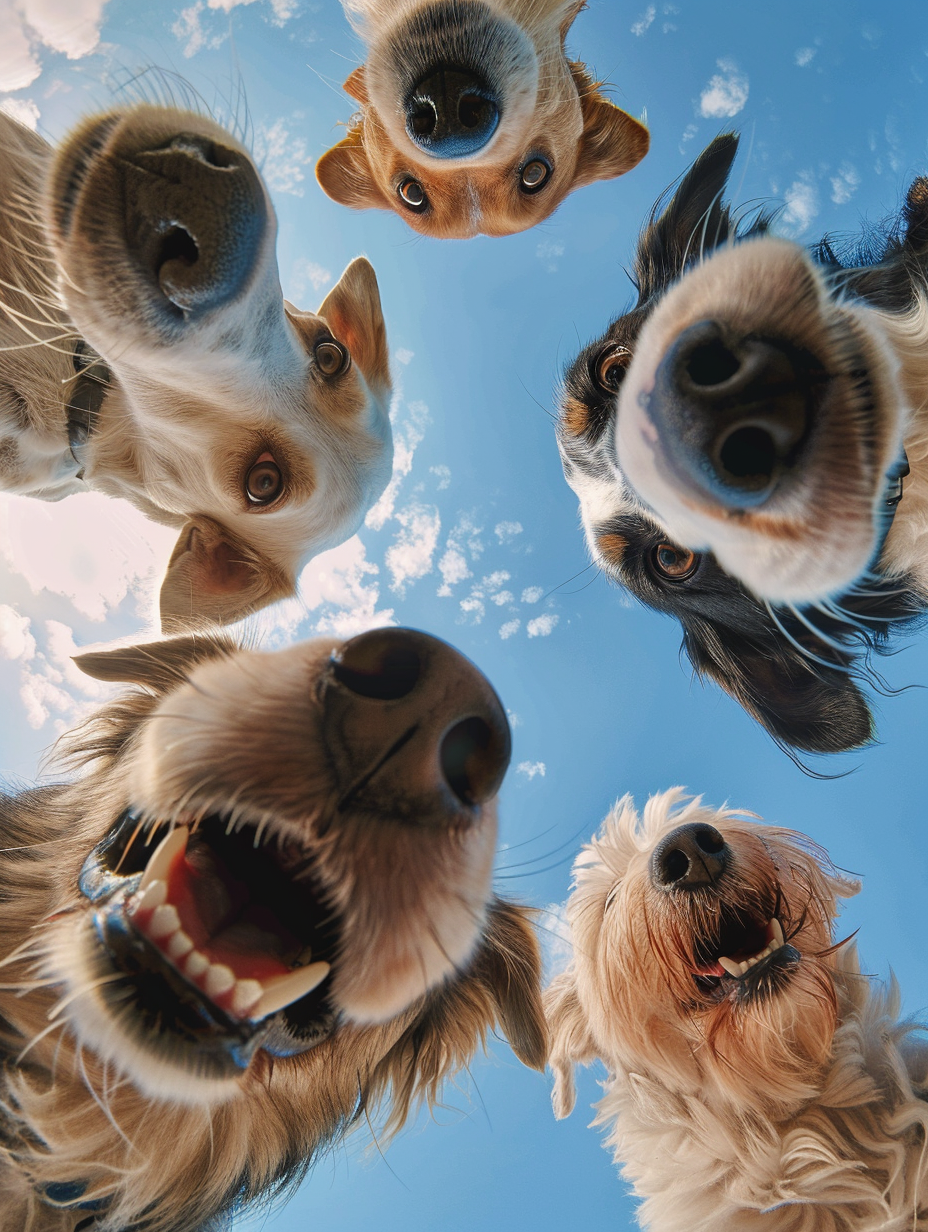 Five dogs looking down at a camera