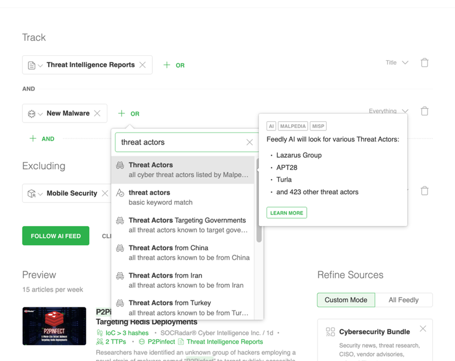 Figure 8: In this example, we are using Feedly AI to filter on articles that are considered “threat intelligence reports” and contain information related to “new malware” and “threat actors” while excluding “mobile” threat intelligence reports.