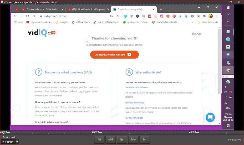 his Image Contains a Window Snip of VidIQ Authentication Page