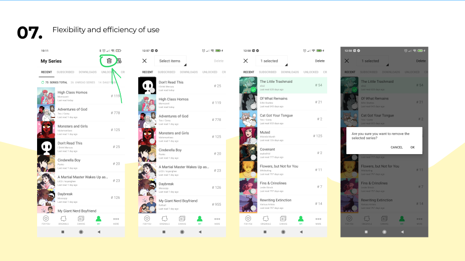 Four screenshots of Webtoon’s app, that shows the four-steps process for deleting an item.