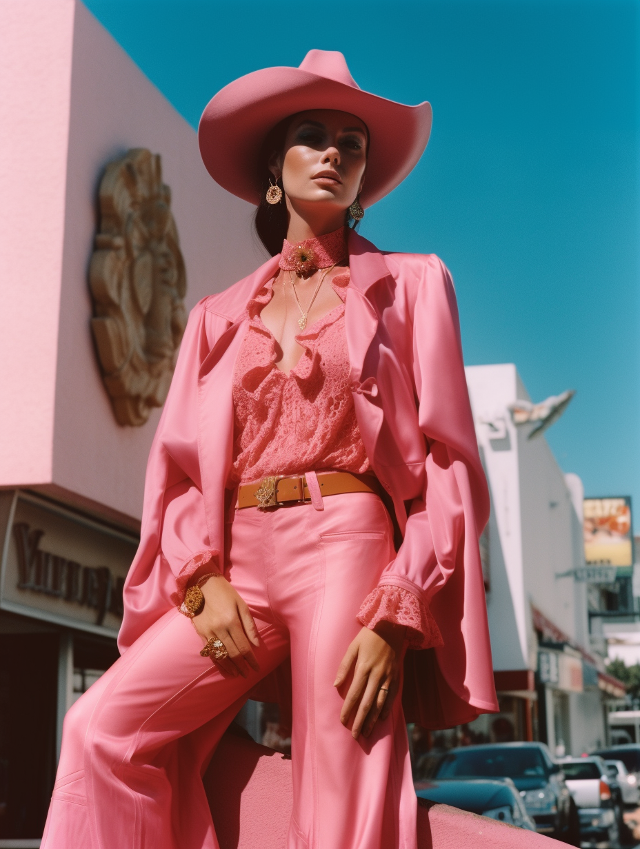 Woman in a pink cowgirl outfit on a vibrant LA street, an AI-generated image created using Midjourney