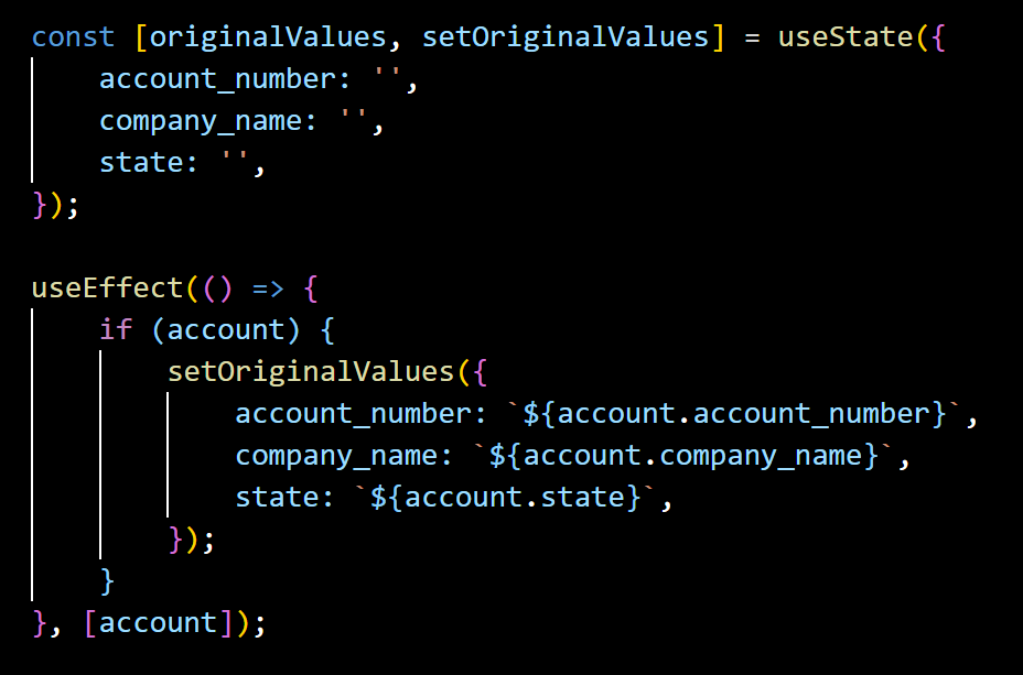 Code block showing initial state of `originalValues`