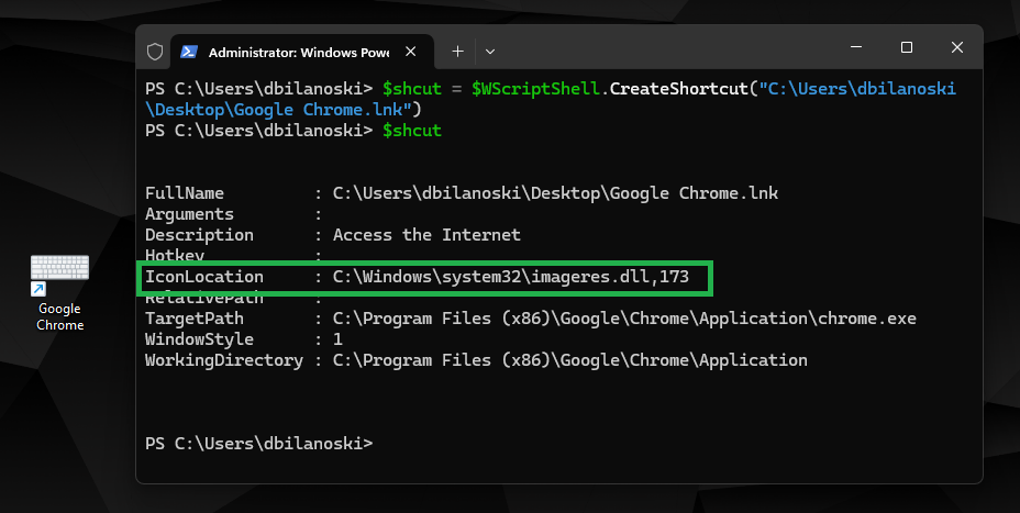 Screenshot showing properties of a shortcut object created with WScript.Shell.CreateShortcut() where the icon is changed to an item from within a DLL library.