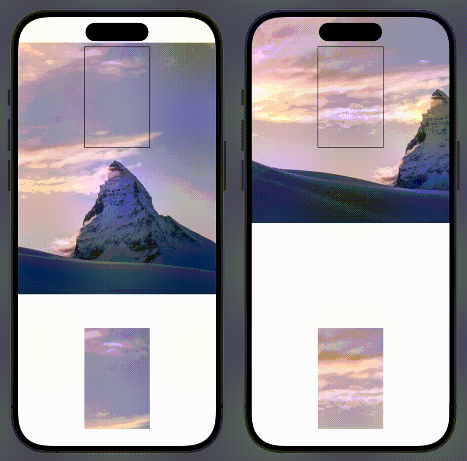 Gif image. Two examples of the visualizer. The left one scales and repositions the image to show the hidden mountain. The right one only repositions the image to show the sky only.