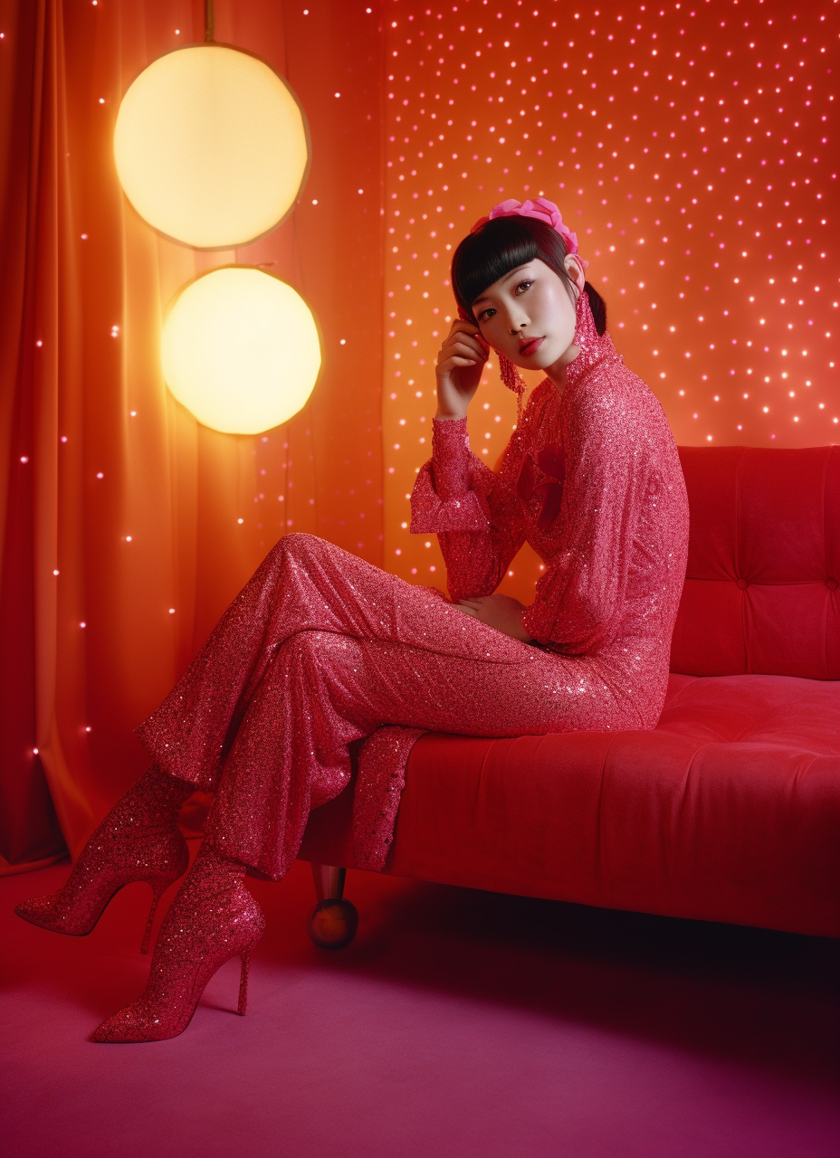 Woman in pink sparkly jumpsuit sitting on a red velvet couch in an apartment with purple carpet and orange curtains, with red twinkly lights on the wall and warm lamp lighting. Image generated using Midjourney.