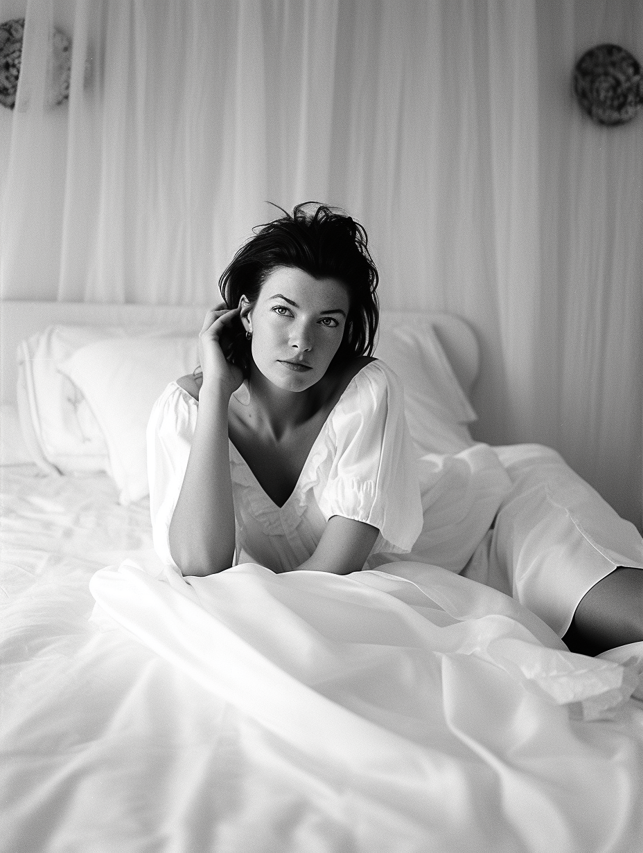 Black-and-white AI-generated image of a woman in a white dress on a bed, showcasing a sleepycore aesthetic with Midjourney