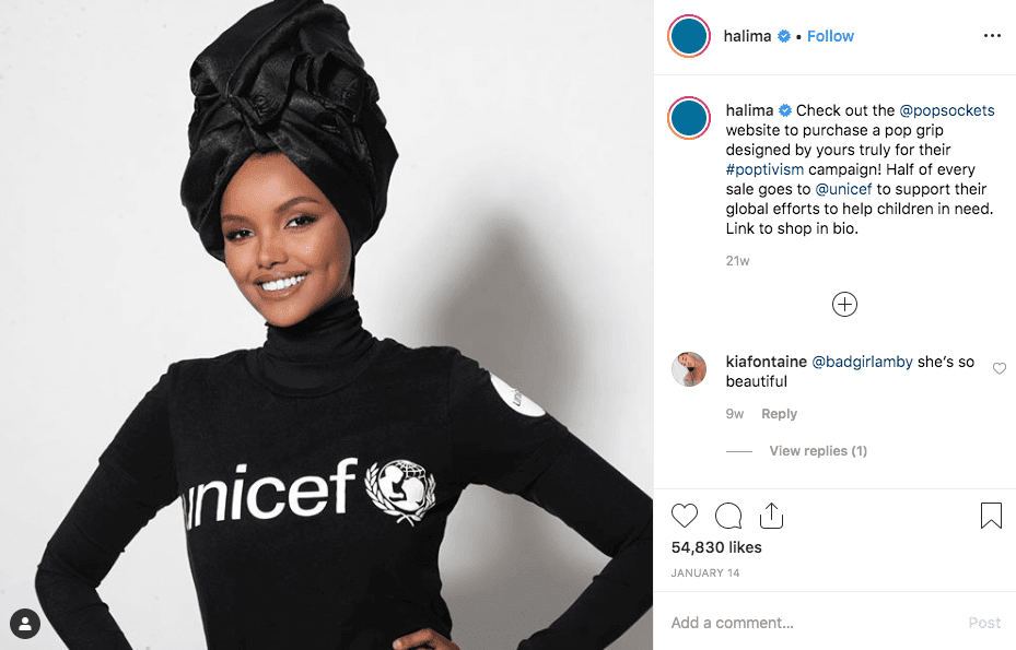 Halima Aden’s post which invites people to buy a pop grip from whose sale half goes to Unicef