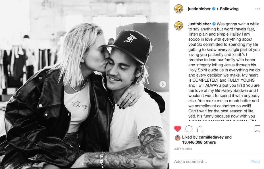 Justin and Hailey Bieber announcing their engagement via Instagram.