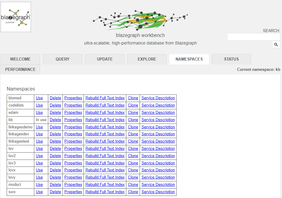 Blazegraph Workbench UI still shows the original namespaces