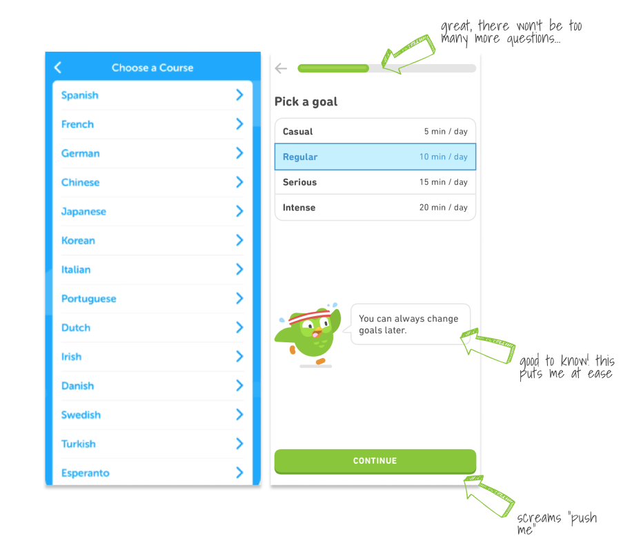 The “choose a language” and “pick a goal” app screens from Duolingo app.