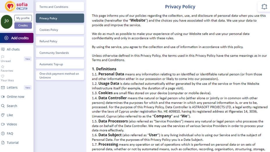 SofiaDate privacy policy