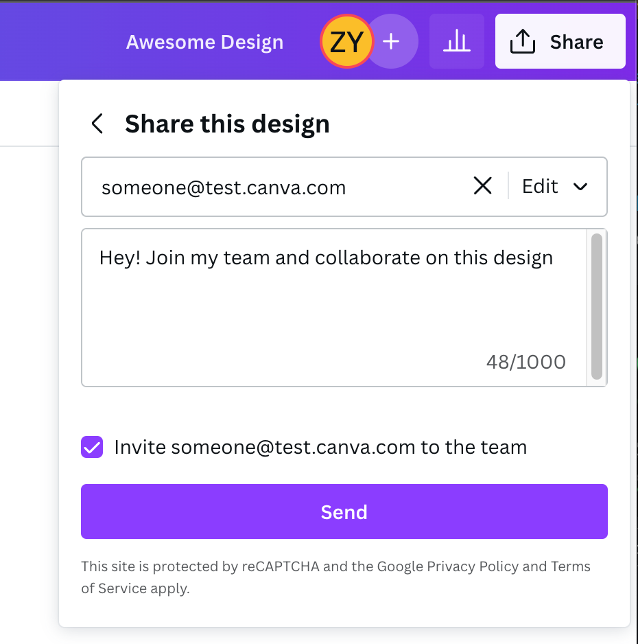 An image showing the share dropdown, with the design being shared to “someone@test.canva.com”, with message “Hey! Join my team and collaborate on this design”