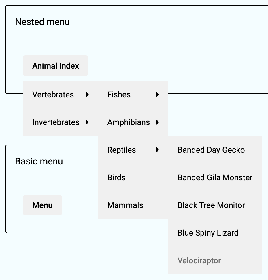 Submenu has right black triangle option in High Contrast mode of menu with nested selection of types of Vertebrates.