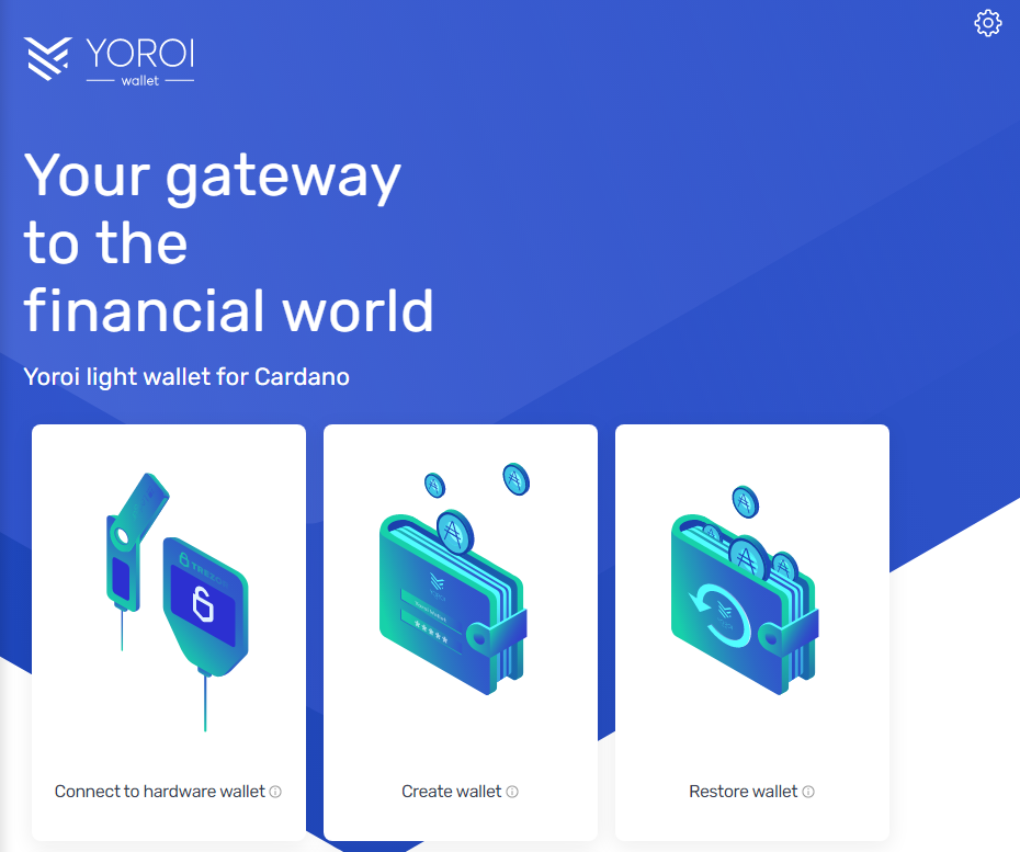 Setting up a new Yoroi wallet requires you to choose to create a new wallet