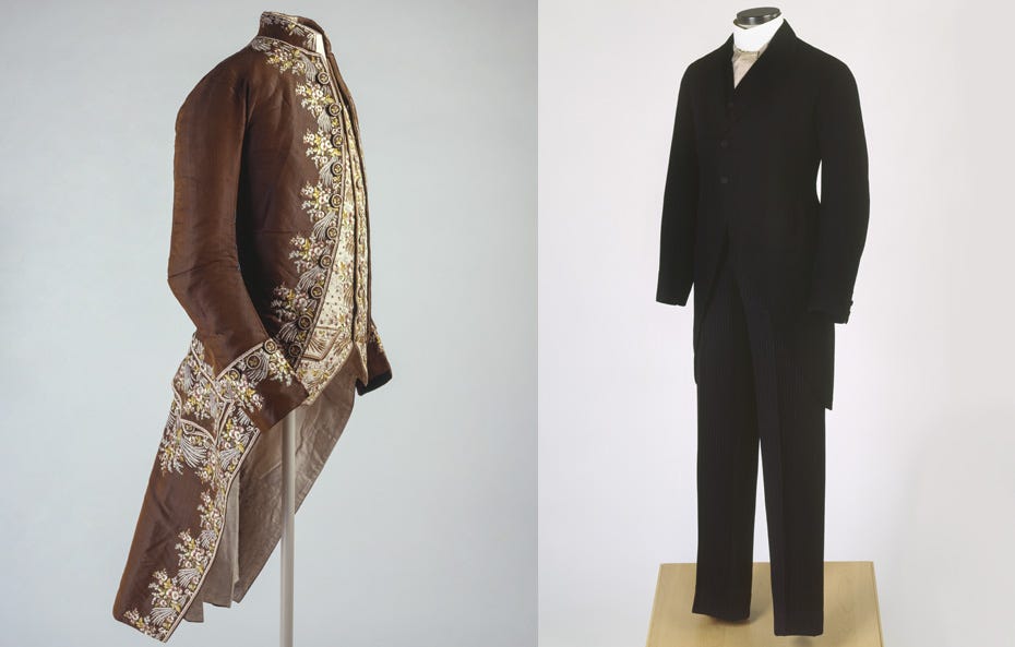 Left: Cutaway coat suit, William St. Pierre Ltd., about 1912. Gift of Joan G. Badgley, M963.4.1.1–3, McCord Stewart Museum Right: Coat and waistcoat, 1770–1790. Gift of Margaret Haskell, M972.51.1–2, McCord Stewart Museum