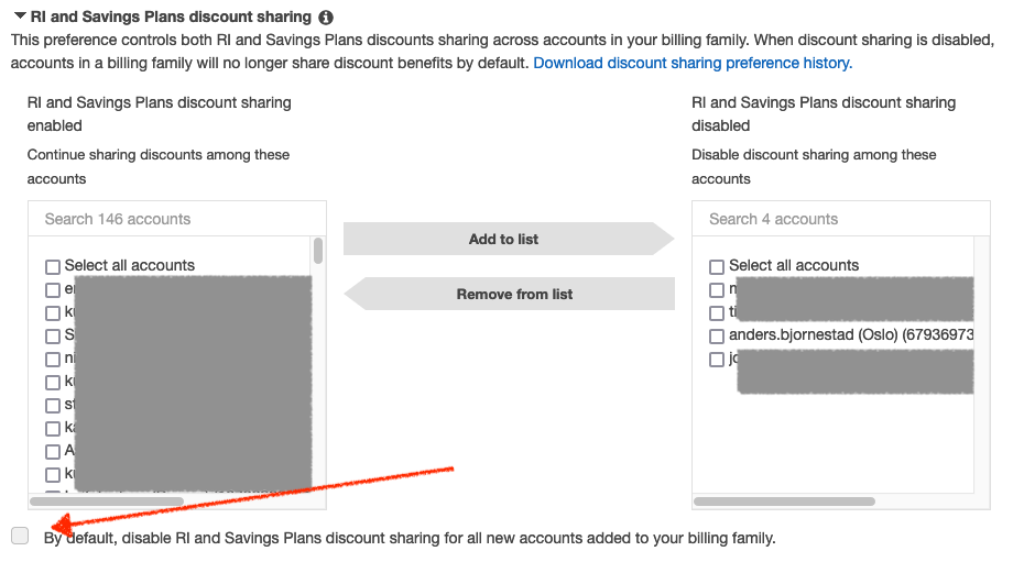 Screen showing Discount sharing setup in the Billing console
