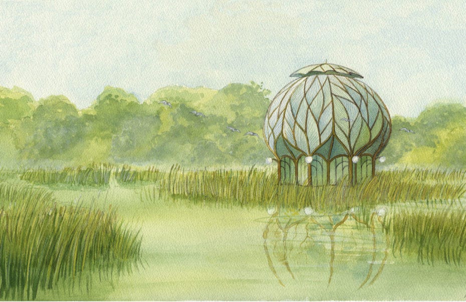 A painting of a rounded, organic looking house set in a quiet marshy landscape, with a forest visible in the background. There is a slight mist on the landscape, the kind that makes you think fondly of the early morning rather than anything sinister. The house looks as though seven cherry trees have been grown together to form its core structure, with a glass-like substance set between the branches, creating a house with a bulbous, mushroom like upper storey.