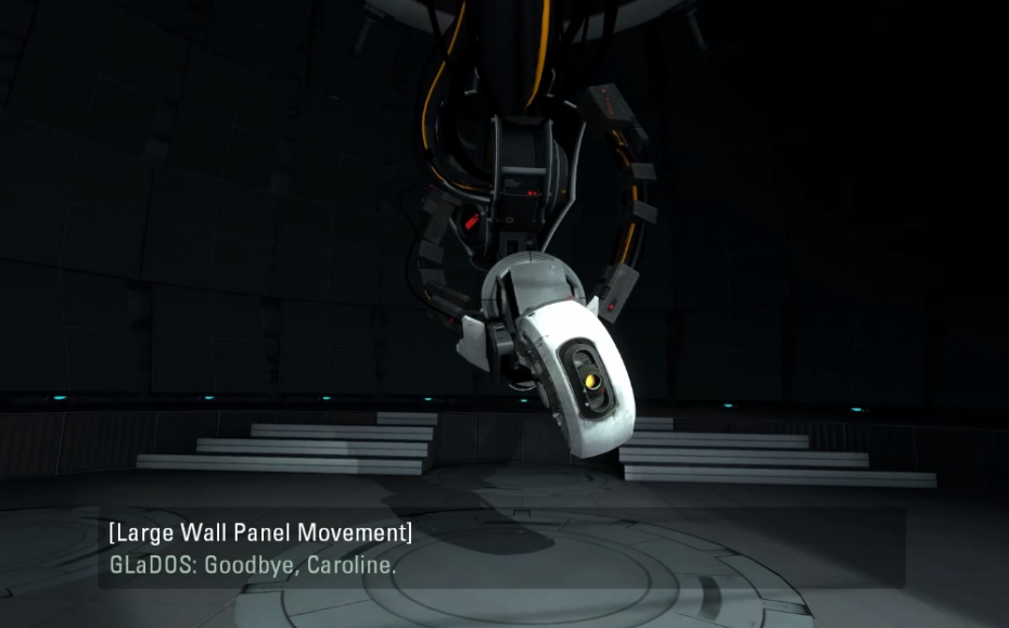 Portal (2007 game by Valve) screenshot displaying sound effect caption “[Large Wall Panel Movement]" and GlaDOS robot talking to the player “GLaDOS: Goodbye, Caroline.”