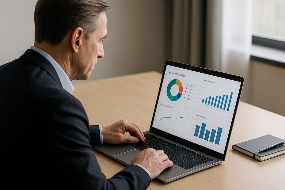 Executive leader reviewing agile leadership dashboards on a modern laptop.