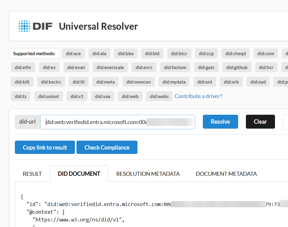 Image of DIF Universal Resolver showing “DID Document”