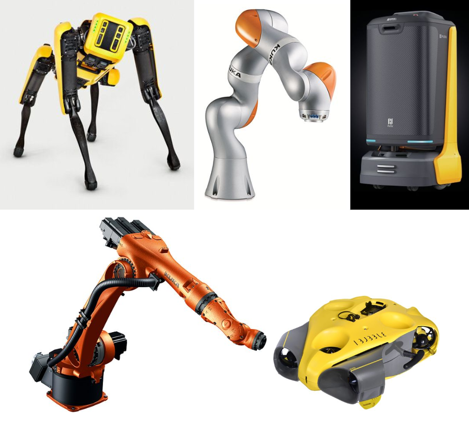 Orange/yellow (range) robots; Spot, Kuka Cobot, Flashbot, Kuka Industrial, iBubble