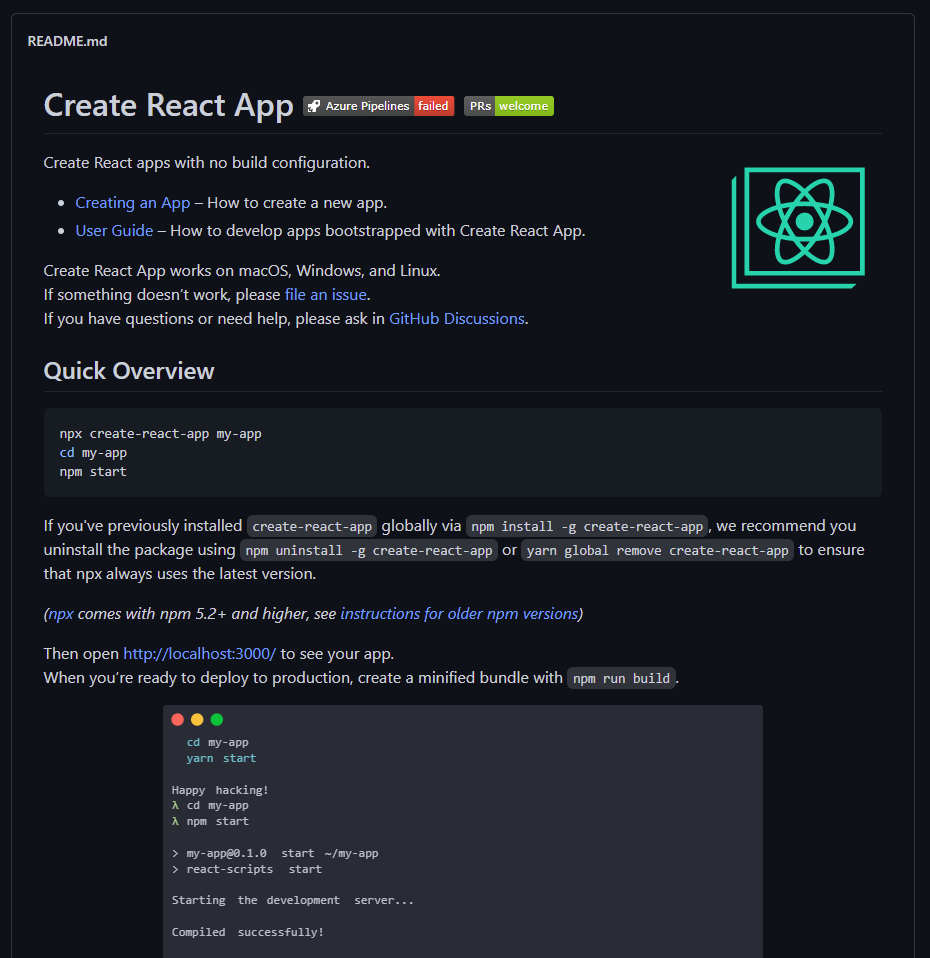 Dark mode screenshot of the Create React App README.md on Github.