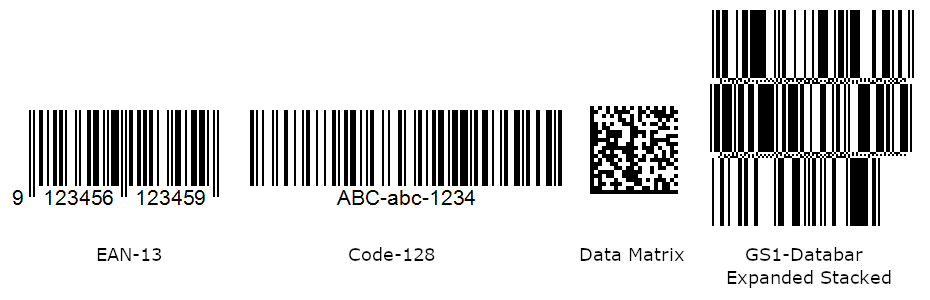 Sample EAN-13, Code-128, Data Matrix, and GS1-Databar Expanded Stacked